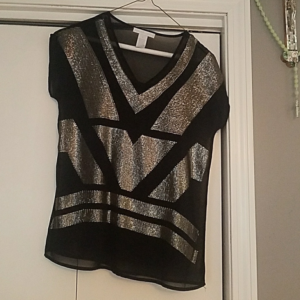 Black sheer top with silver beading